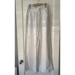 White Linen Blend Pants Wide Leg Elastic Drawstring Waist Rewash Small Coastal